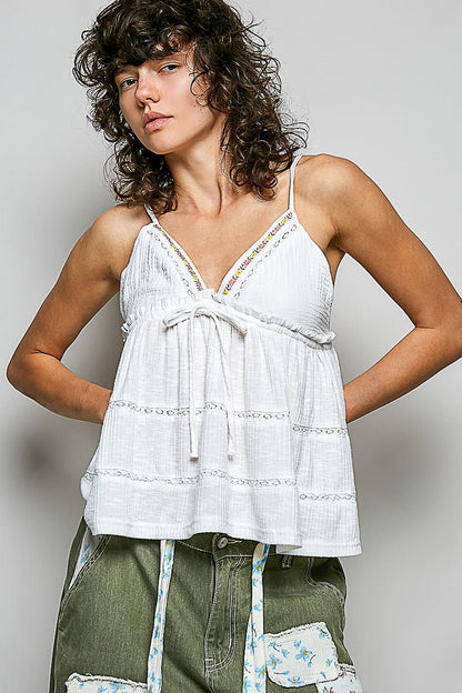 POL V - Neck Embroidered Trim Ruffled Cami - Bitsy Gypsy Boutique