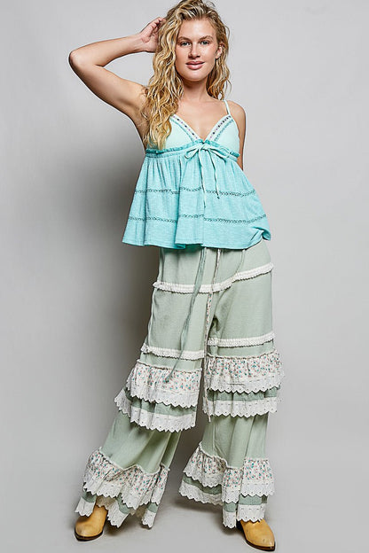 POL V - Neck Embroidered Trim Ruffled Cami - Bitsy Gypsy Boutique