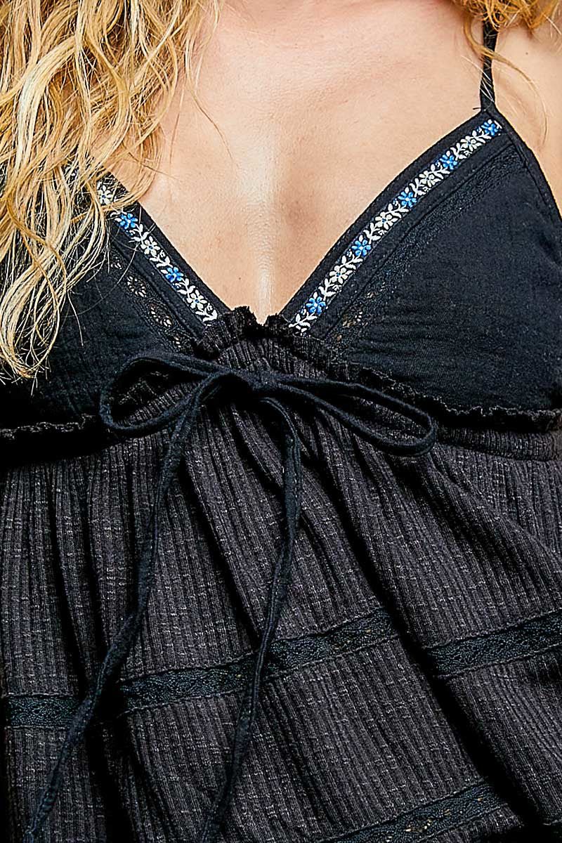 POL V - Neck Embroidered Trim Ruffled Cami - Bitsy Gypsy Boutique