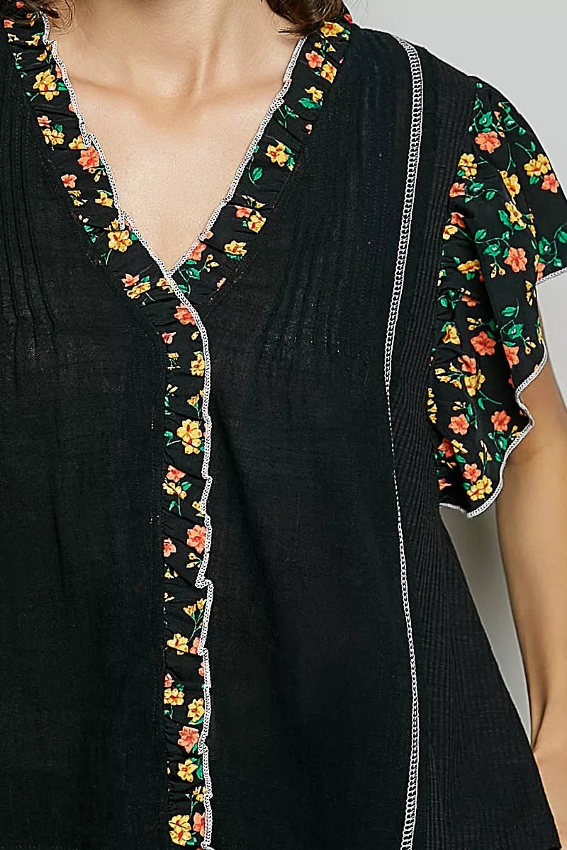 POL V - Neck Floral Ruffle Sleeve Blouse - Bitsy Gypsy Boutique