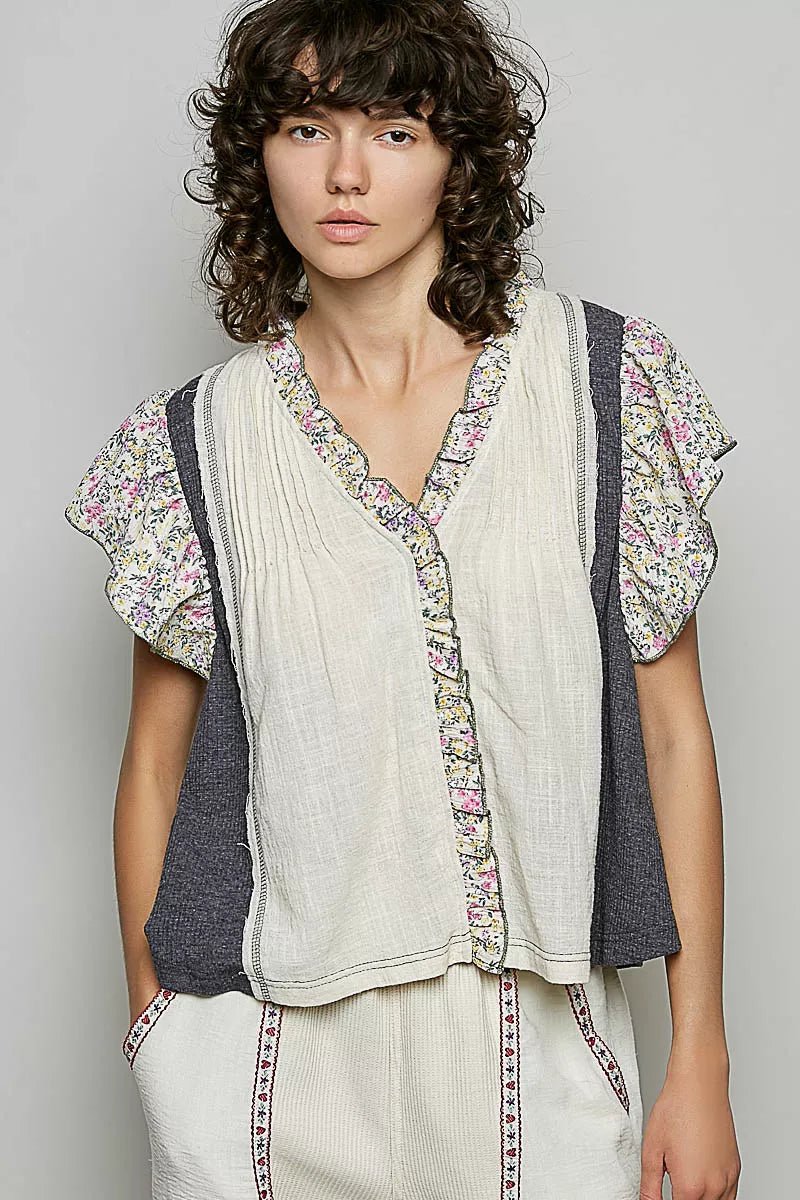 POL V - Neck Floral Ruffle Sleeve Blouse - Bitsy Gypsy Boutique