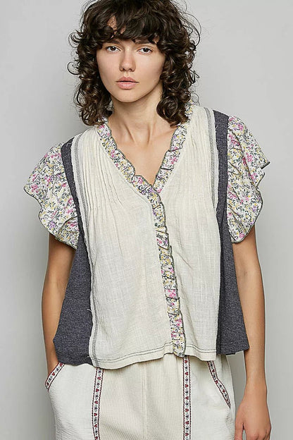 POL V - Neck Floral Ruffle Sleeve Blouse - Bitsy Gypsy Boutique