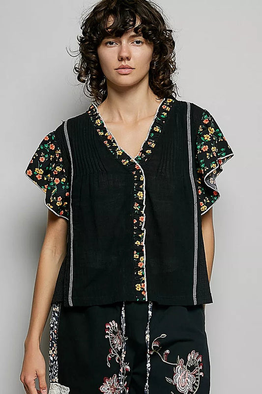 POL V - Neck Floral Ruffle Sleeve Blouse - Bitsy Gypsy Boutique