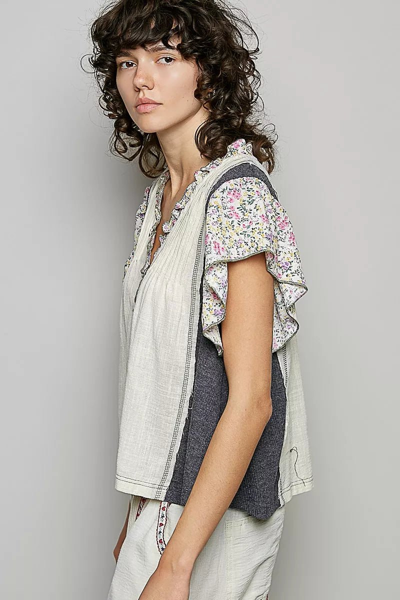 POL V - Neck Floral Ruffle Sleeve Blouse - Bitsy Gypsy Boutique
