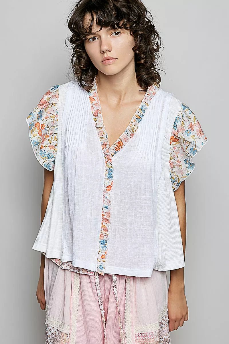 POL V - Neck Floral Ruffle Sleeve Blouse - Bitsy Gypsy Boutique