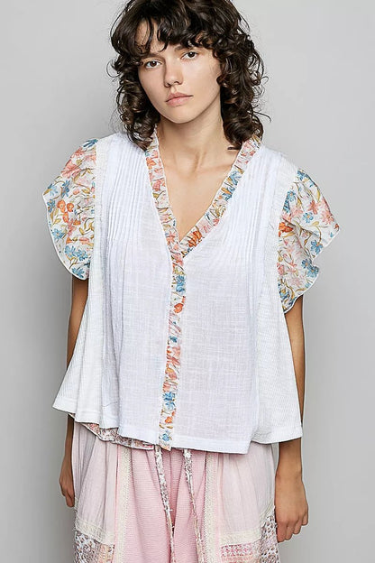 POL V - Neck Floral Ruffle Sleeve Blouse - Bitsy Gypsy Boutique