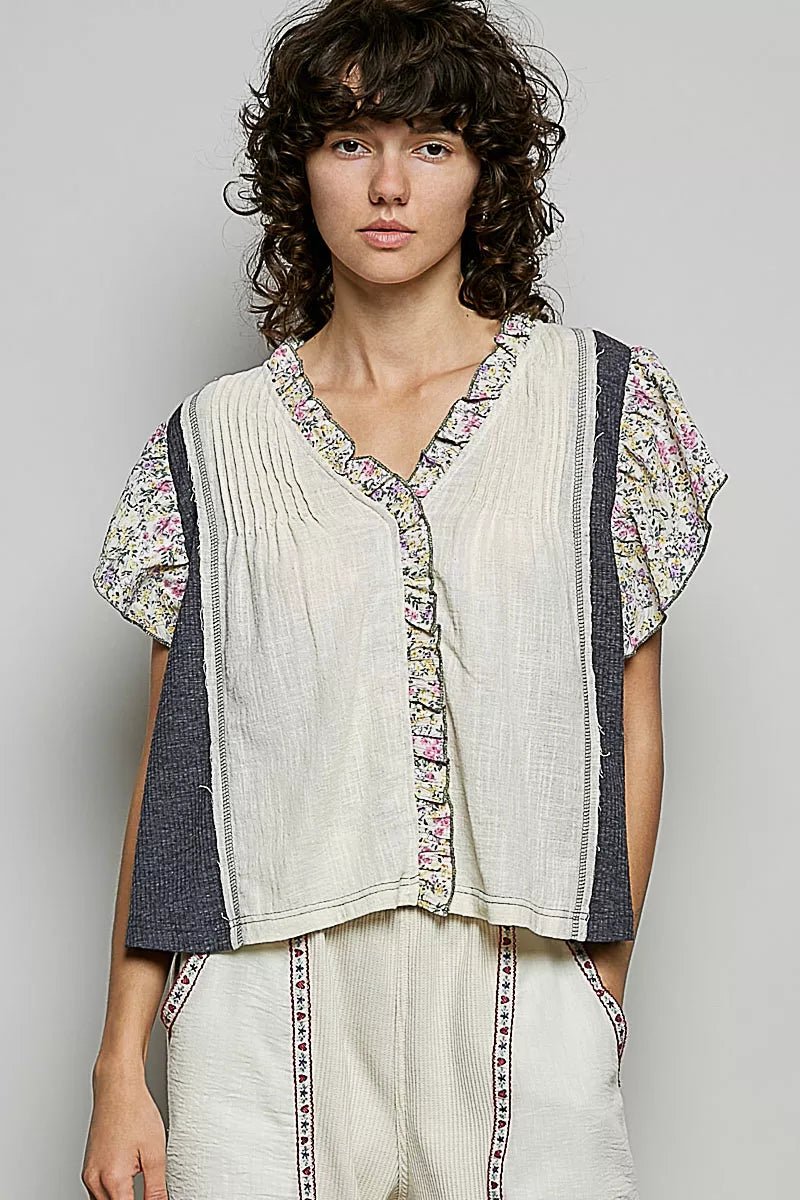 POL V - Neck Floral Ruffle Sleeve Blouse - Bitsy Gypsy Boutique