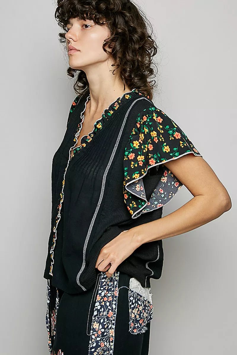 POL V - Neck Floral Ruffle Sleeve Blouse - Bitsy Gypsy Boutique