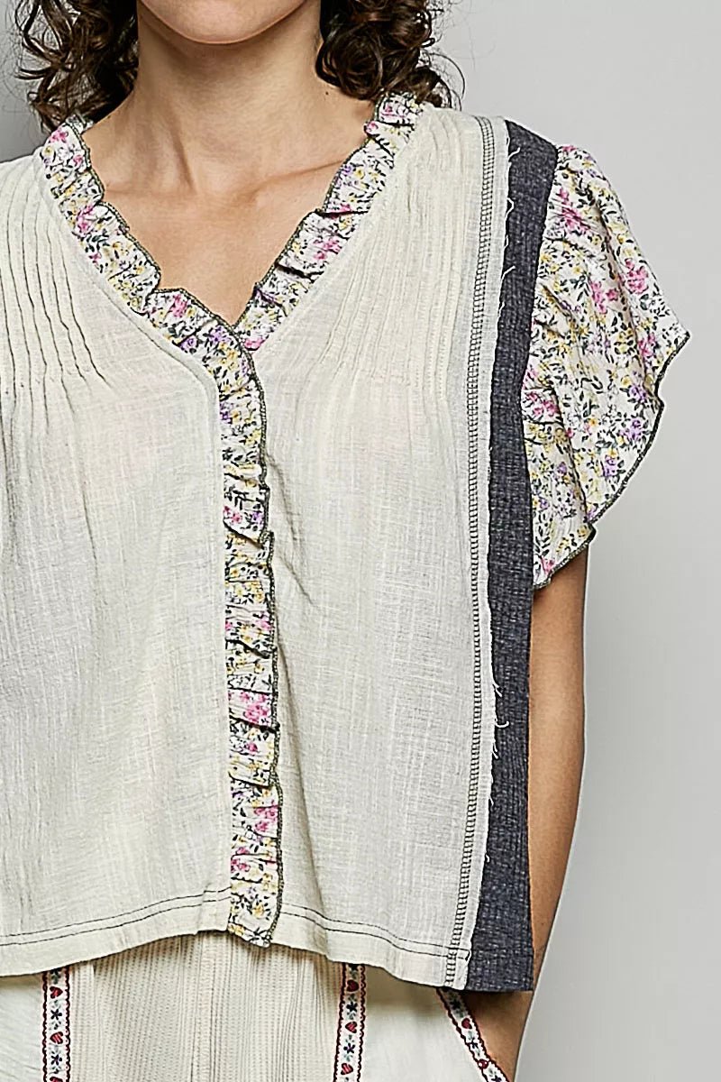 POL V - Neck Floral Ruffle Sleeve Blouse - Bitsy Gypsy Boutique