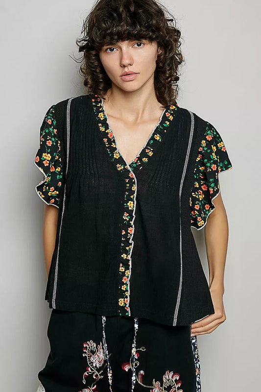 POL V - Neck Floral Ruffle Sleeve Blouse - Bitsy Gypsy Boutique