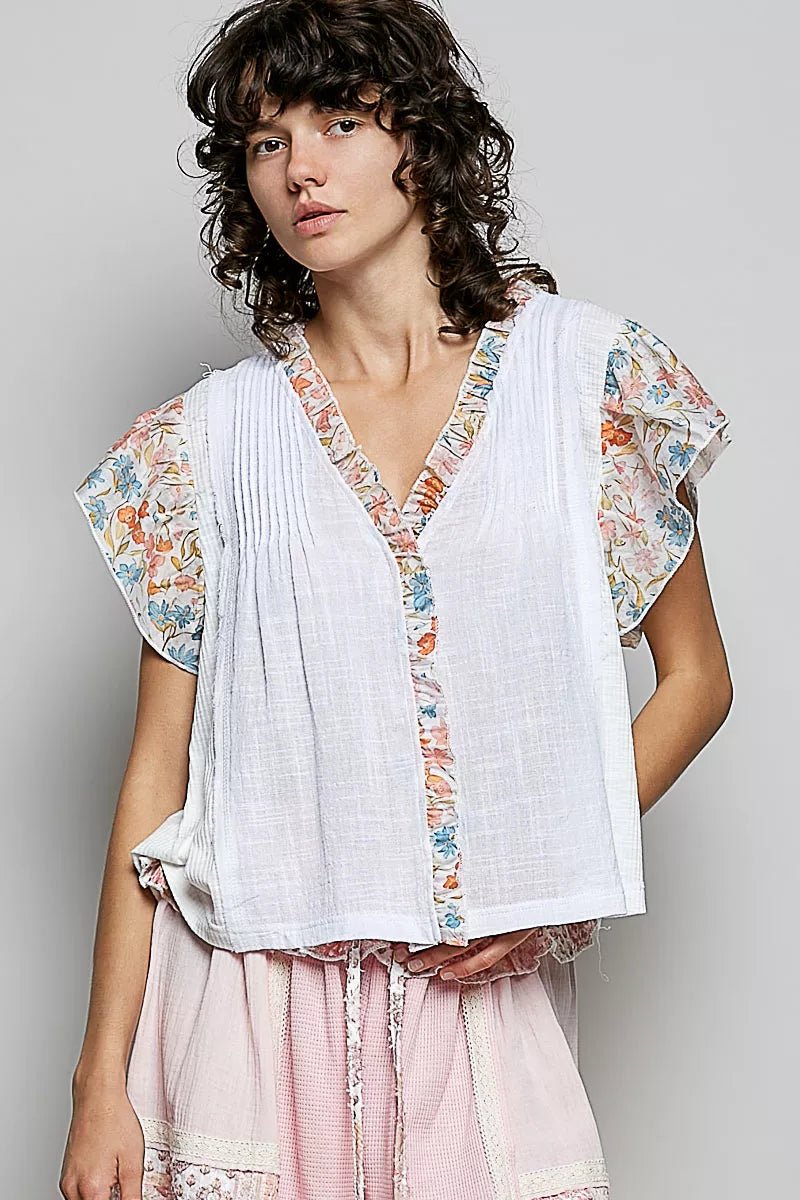 POL V - Neck Floral Ruffle Sleeve Blouse - Bitsy Gypsy Boutique