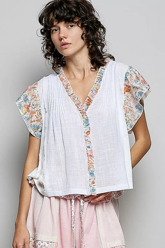 POL V - Neck Floral Ruffle Sleeve Blouse - Bitsy Gypsy Boutique