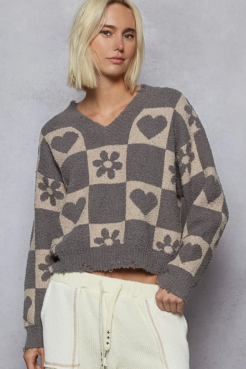 POL V - Neck Heart Pattern Checkered Sweater - Bitsy Gypsy Boutique