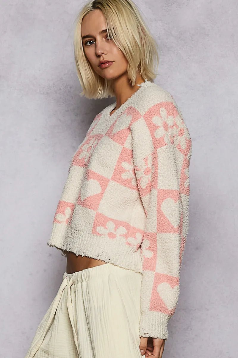 POL V - Neck Heart Pattern Checkered Sweater - Bitsy Gypsy Boutique