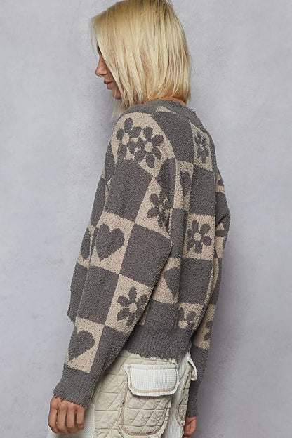 POL V - Neck Heart Pattern Checkered Sweater - Bitsy Gypsy Boutique