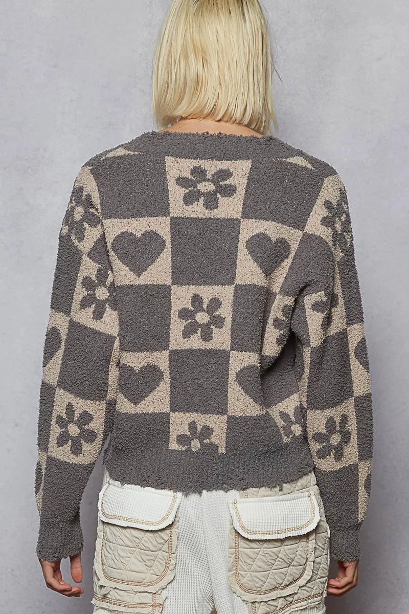 POL V - Neck Heart Pattern Checkered Sweater - Bitsy Gypsy Boutique