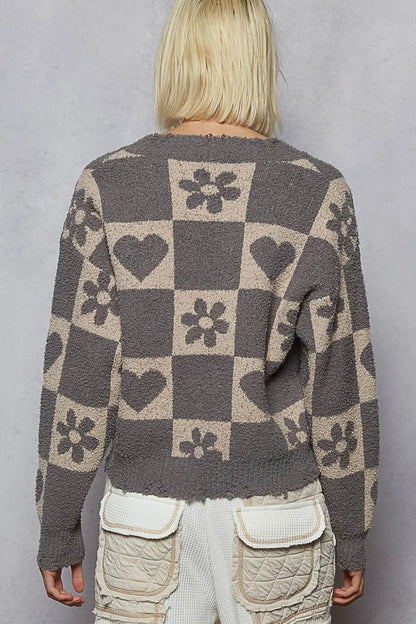 POL V - Neck Heart Pattern Checkered Sweater - Bitsy Gypsy Boutique