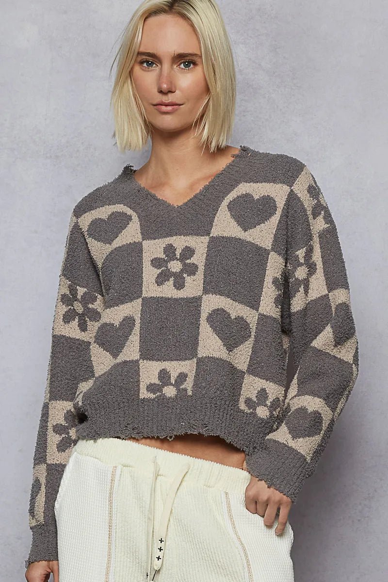 POL V - Neck Heart Pattern Checkered Sweater - Bitsy Gypsy Boutique
