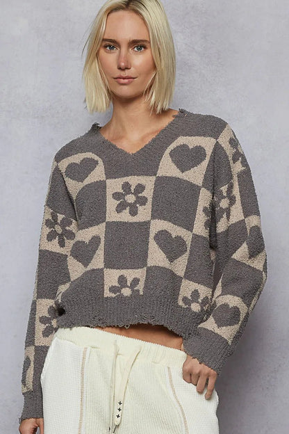 POL V - Neck Heart Pattern Checkered Sweater - Bitsy Gypsy Boutique