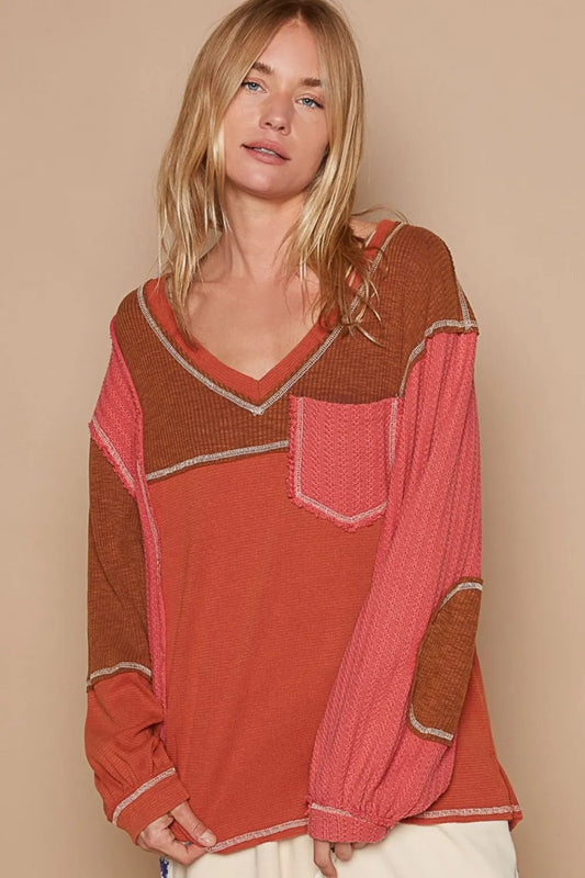 POL V - Neck Knit Panel Exposed Seam Top - Bitsy Gypsy Boutique