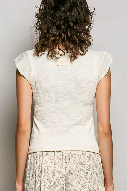 POL V - Neck Lightweight Textured Short Sleeve Knit Top with Lace Trim - Bitsy Gypsy Boutique