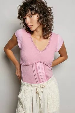 POL V - Neck Lightweight Textured Short Sleeve Knit Top with Lace Trim - Bitsy Gypsy Boutique