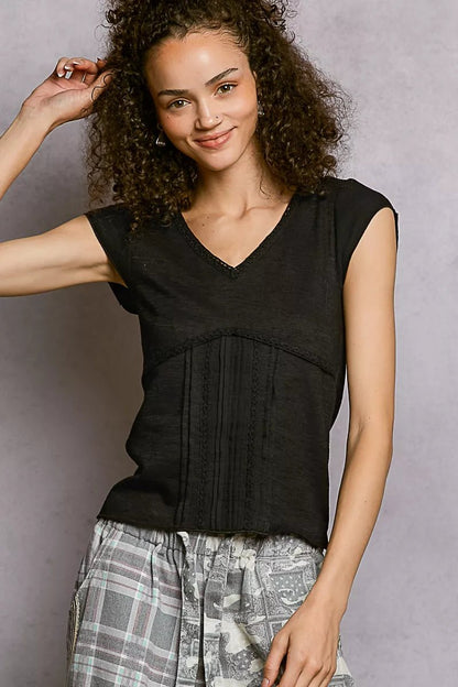 POL V - Neck Lightweight Textured Short Sleeve Knit Top with Lace Trim - Bitsy Gypsy Boutique