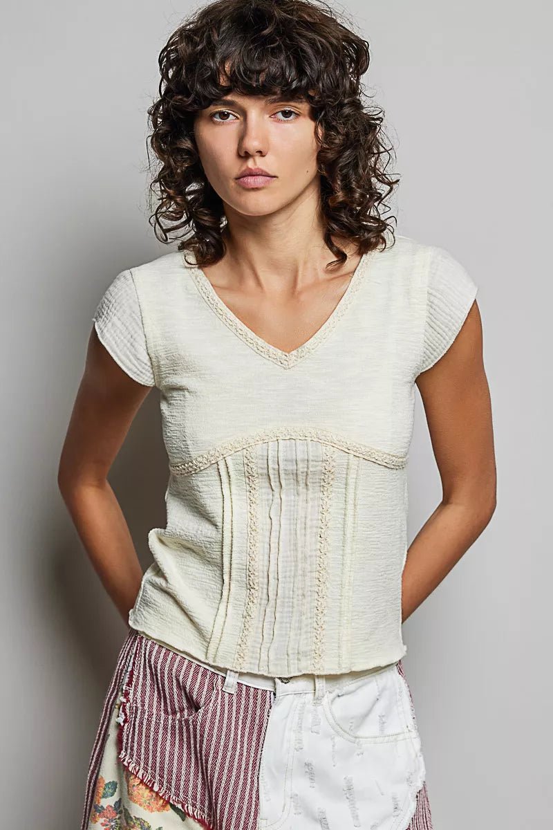 POL V - Neck Lightweight Textured Short Sleeve Knit Top with Lace Trim - Bitsy Gypsy Boutique