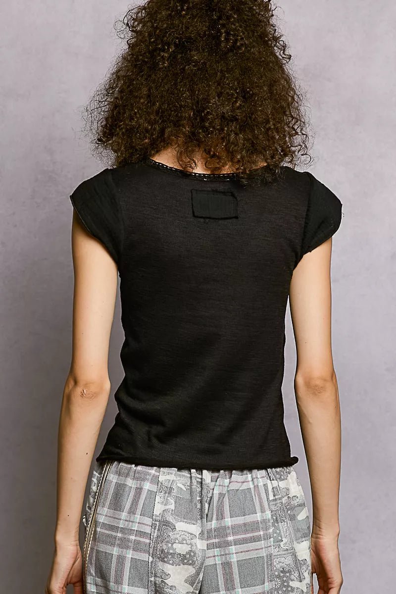 POL V - Neck Lightweight Textured Short Sleeve Knit Top with Lace Trim - Bitsy Gypsy Boutique