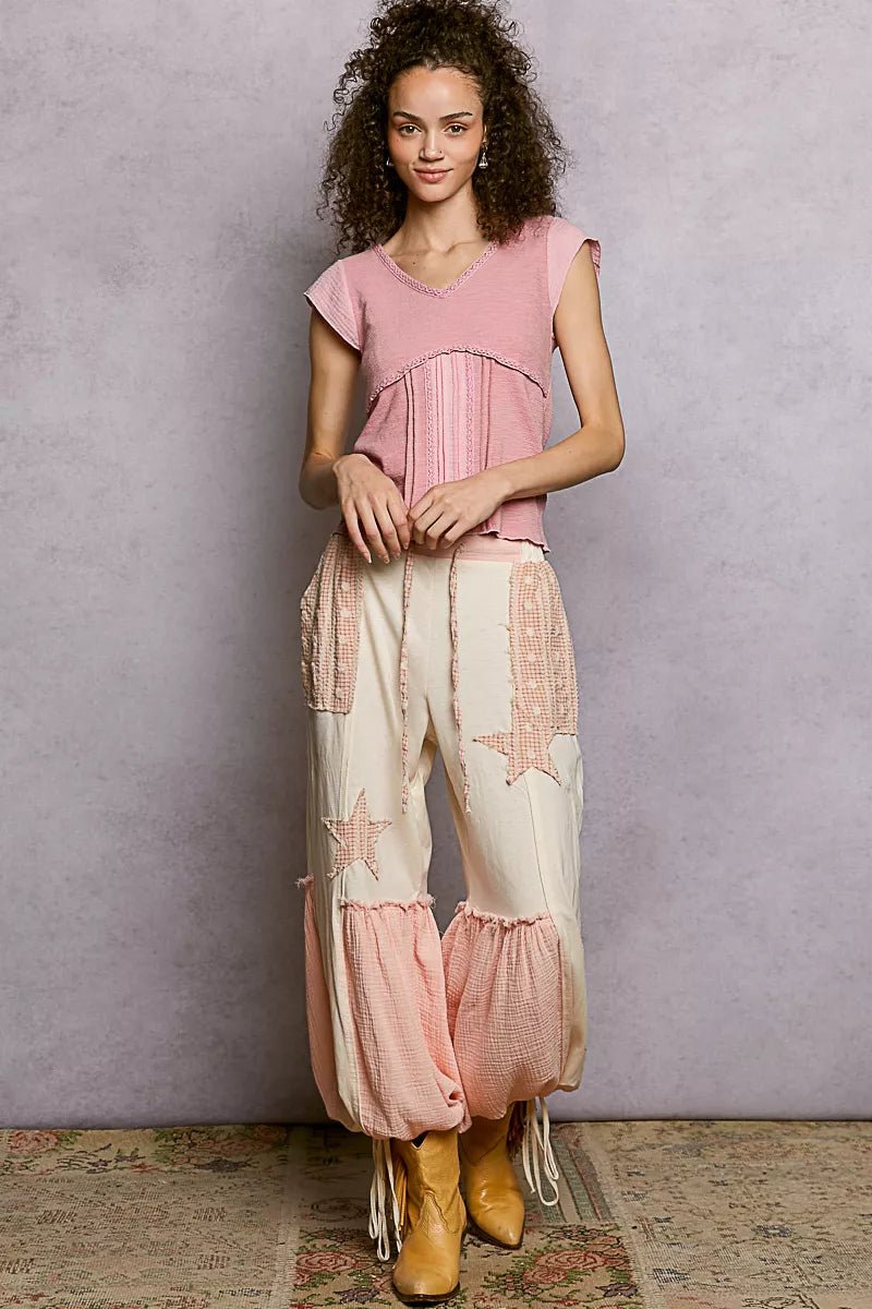 POL V - Neck Lightweight Textured Short Sleeve Knit Top with Lace Trim - Bitsy Gypsy Boutique
