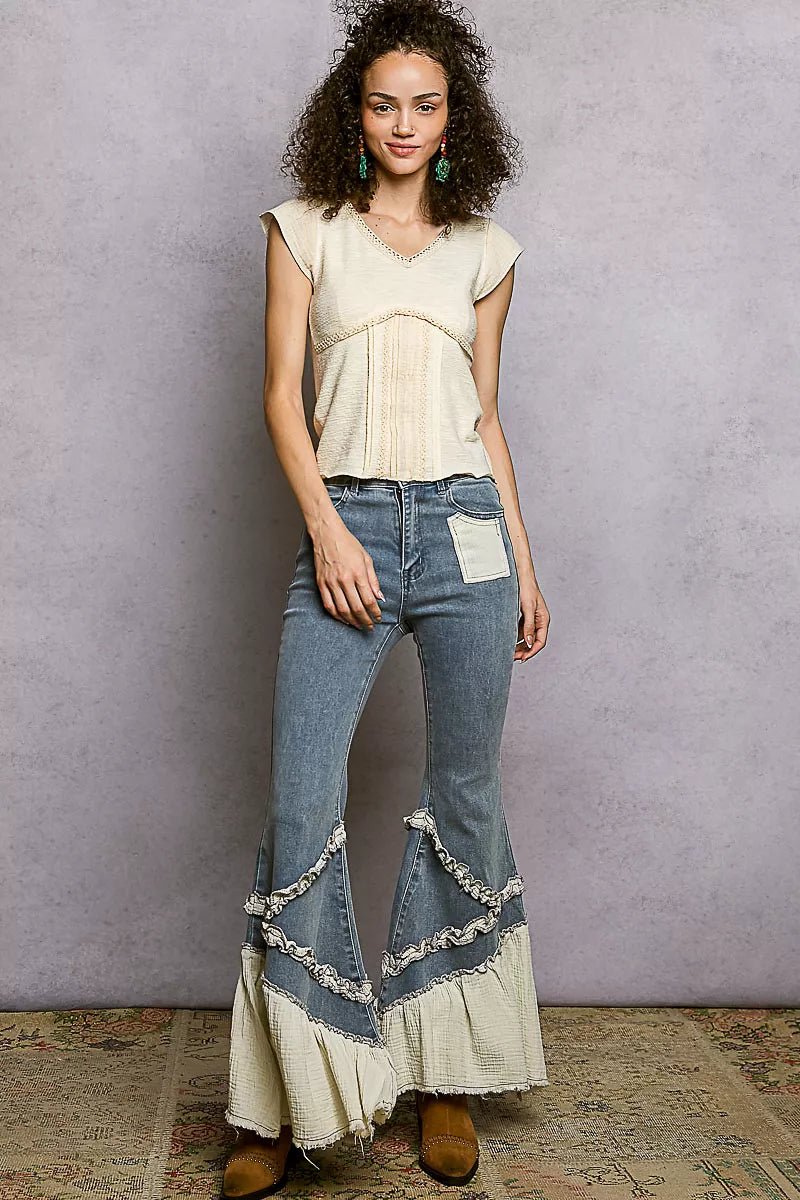POL V - Neck Lightweight Textured Short Sleeve Knit Top with Lace Trim - Bitsy Gypsy Boutique