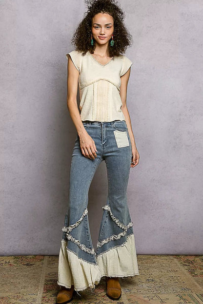 POL V - Neck Lightweight Textured Short Sleeve Knit Top with Lace Trim - Bitsy Gypsy Boutique