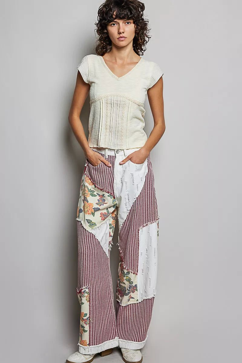 POL V - Neck Lightweight Textured Short Sleeve Knit Top with Lace Trim - Bitsy Gypsy Boutique