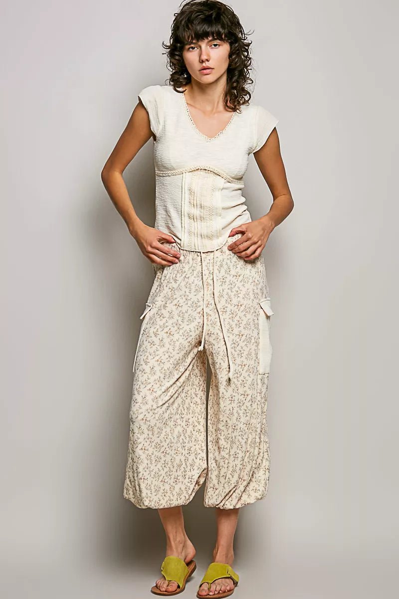 POL V - Neck Lightweight Textured Short Sleeve Knit Top with Lace Trim - Bitsy Gypsy Boutique