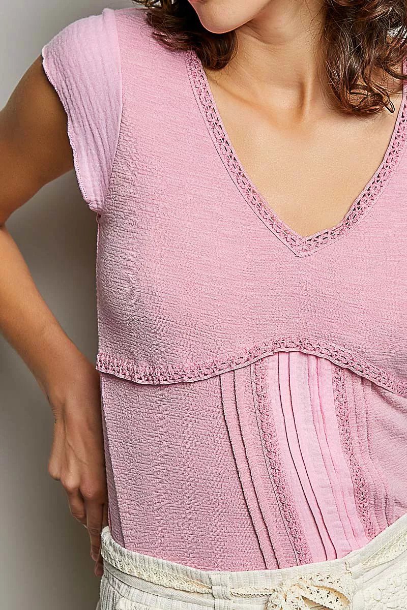 POL V - Neck Lightweight Textured Short Sleeve Knit Top with Lace Trim - Bitsy Gypsy Boutique
