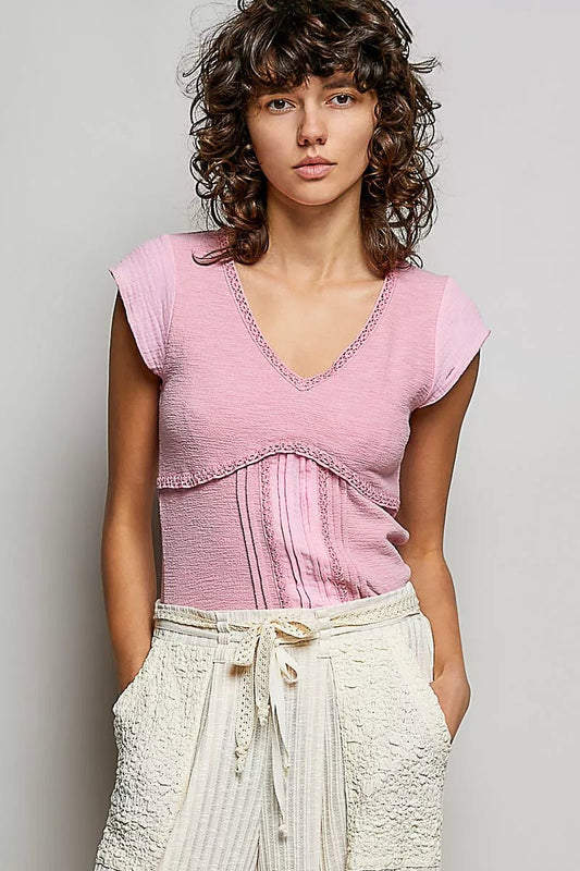 POL V - Neck Lightweight Textured Short Sleeve Knit Top with Lace Trim - Bitsy Gypsy Boutique