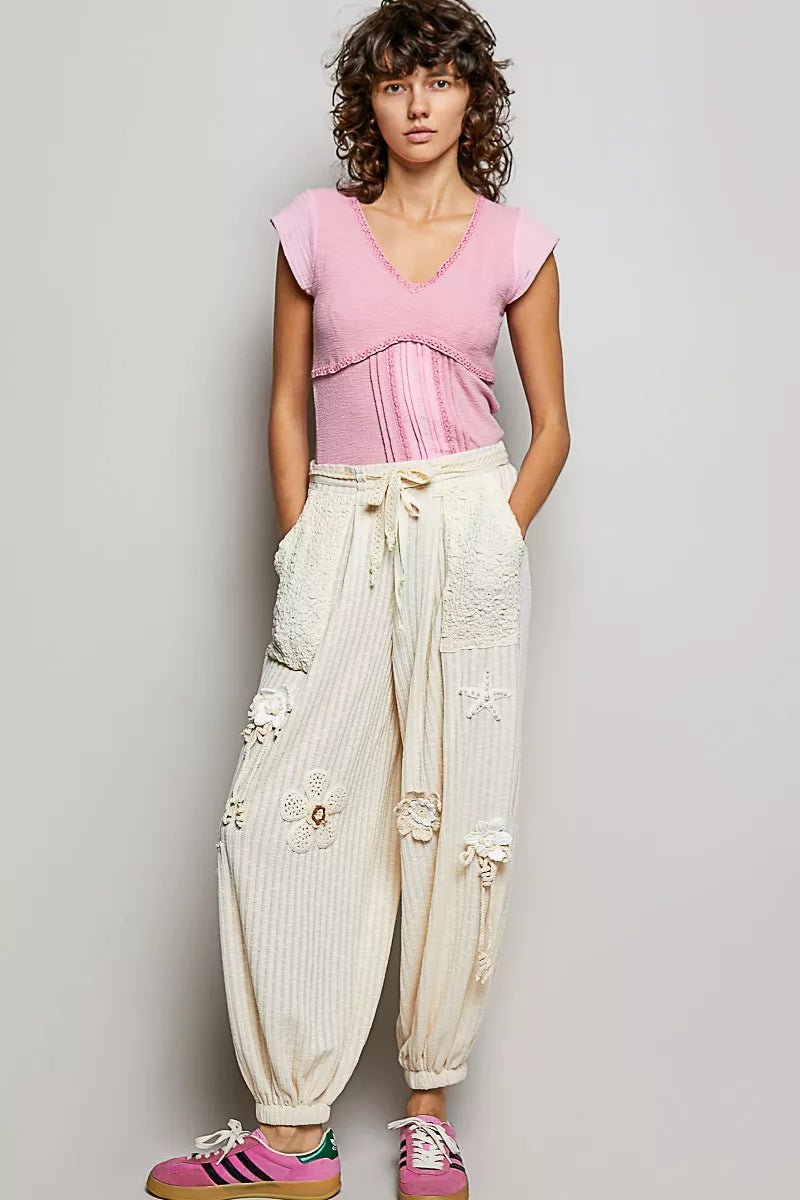 POL V - Neck Lightweight Textured Short Sleeve Knit Top with Lace Trim - Bitsy Gypsy Boutique