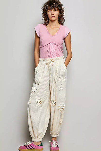 POL V - Neck Lightweight Textured Short Sleeve Knit Top with Lace Trim - Bitsy Gypsy Boutique