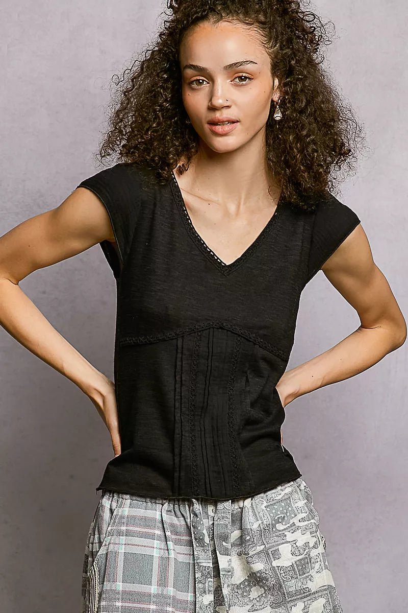 POL V - Neck Lightweight Textured Short Sleeve Knit Top with Lace Trim - Bitsy Gypsy Boutique