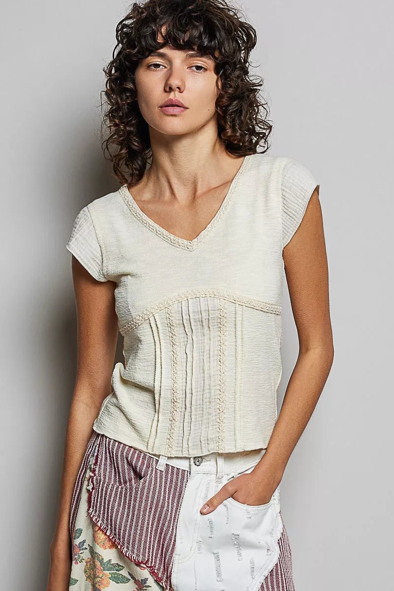 POL V - Neck Lightweight Textured Short Sleeve Knit Top with Lace Trim - Bitsy Gypsy Boutique