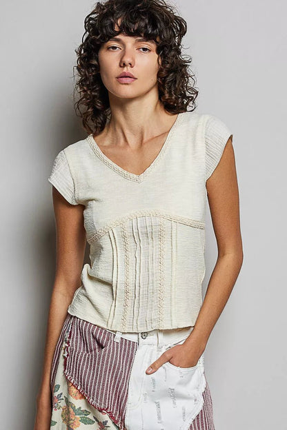 POL V - Neck Lightweight Textured Short Sleeve Knit Top with Lace Trim - Bitsy Gypsy Boutique