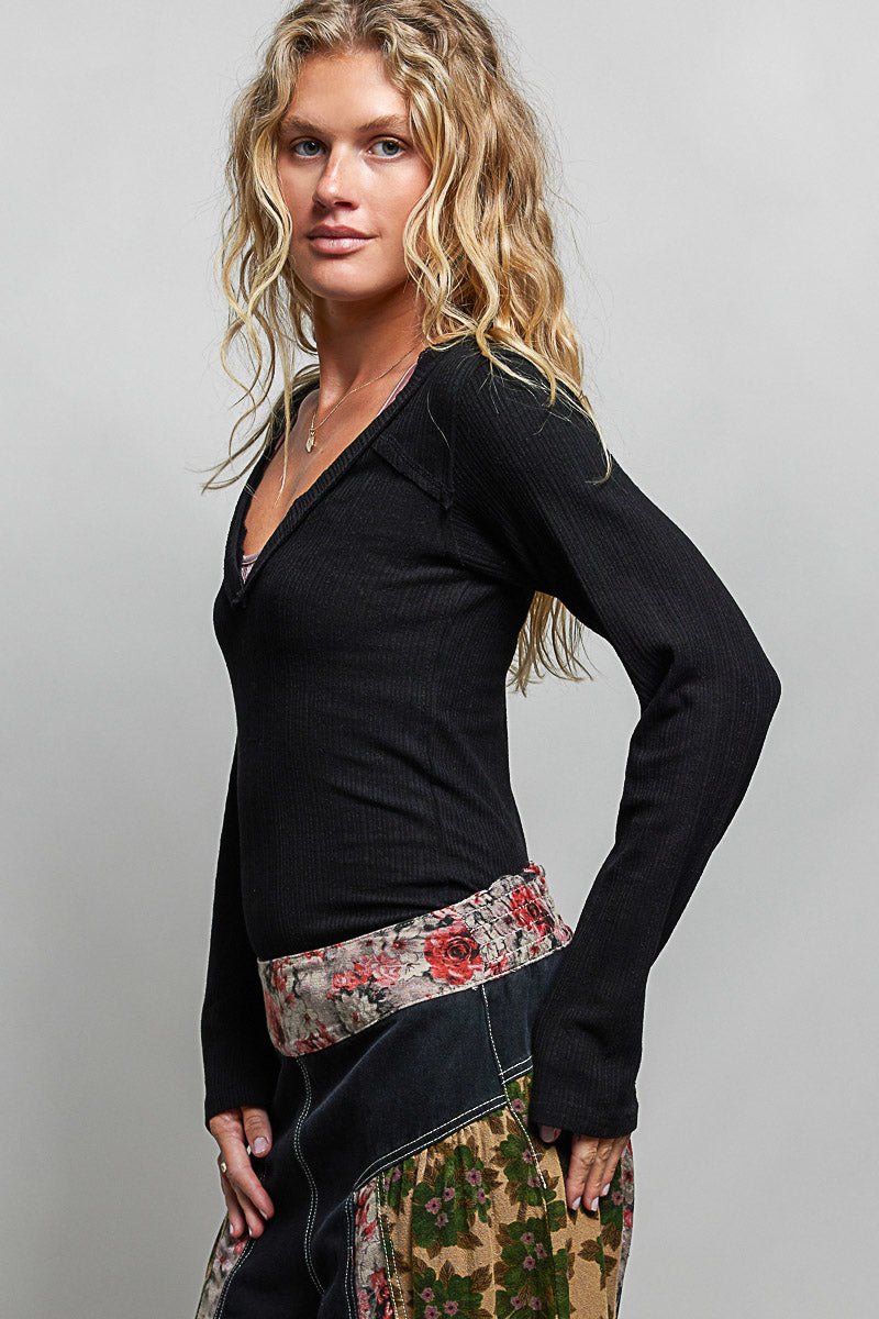 POL V - Neck Long Sleeve Ribbed Top with Lace - Accent Neckband - Bitsy Gypsy Boutique