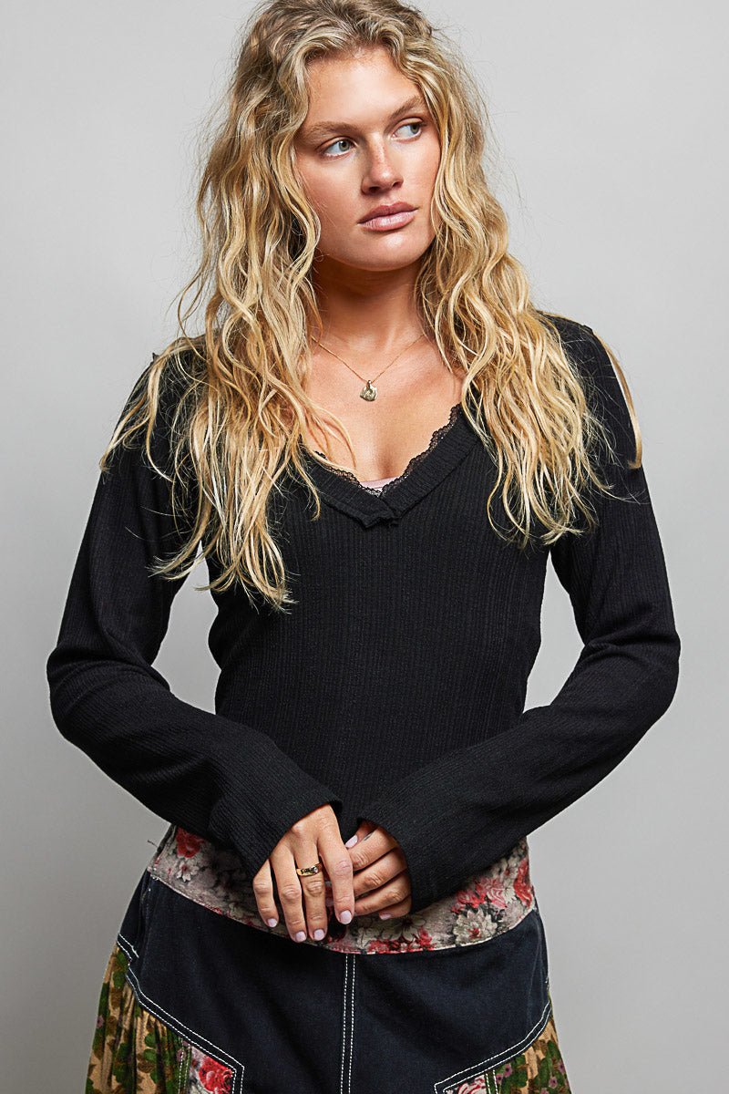 POL V - Neck Long Sleeve Ribbed Top with Lace - Accent Neckband - Bitsy Gypsy Boutique