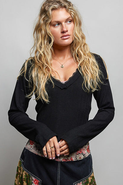 POL V - Neck Long Sleeve Ribbed Top with Lace - Accent Neckband - Bitsy Gypsy Boutique