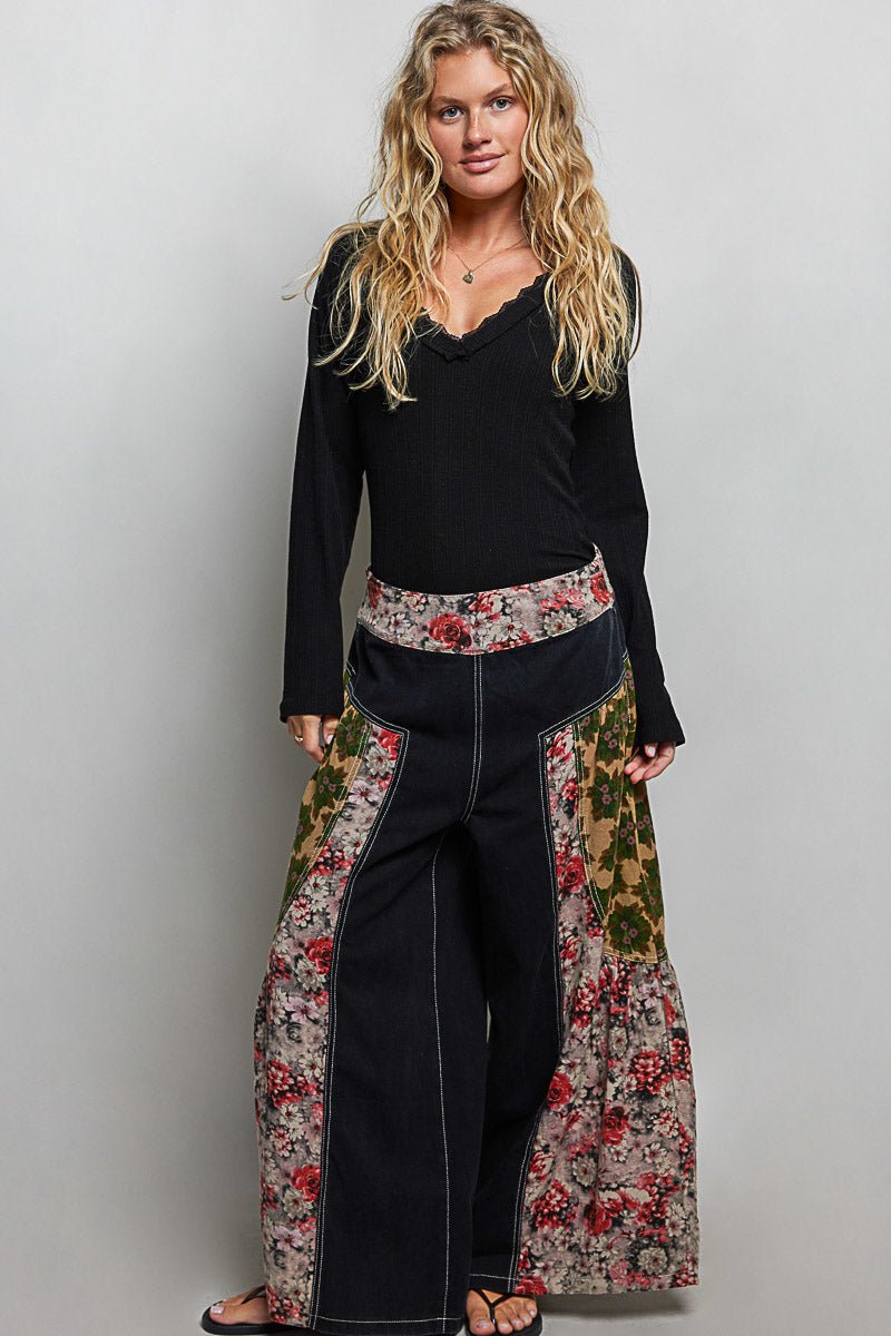 POL V - Neck Long Sleeve Ribbed Top with Lace - Accent Neckband - Bitsy Gypsy Boutique