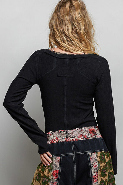POL V - Neck Long Sleeve Ribbed Top with Lace - Accent Neckband - Bitsy Gypsy Boutique