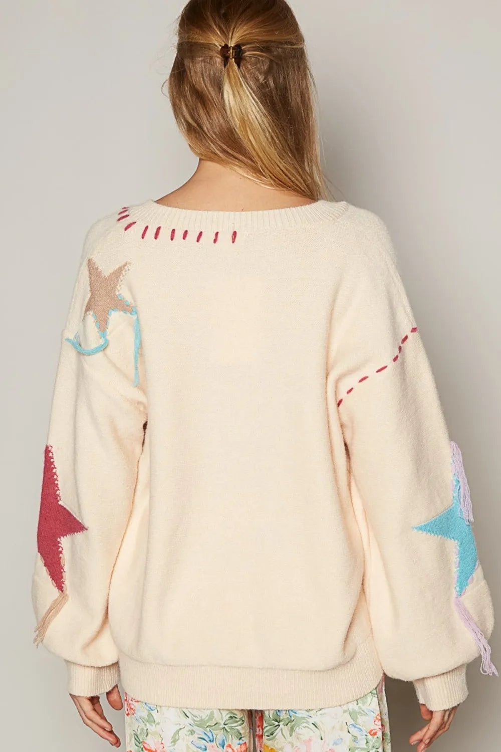 POL V - Neck Long Sleeve Star Fringe Sweater - Bitsy Gypsy Boutique