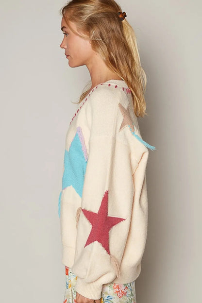 POL V - Neck Long Sleeve Star Fringe Sweater - Bitsy Gypsy Boutique