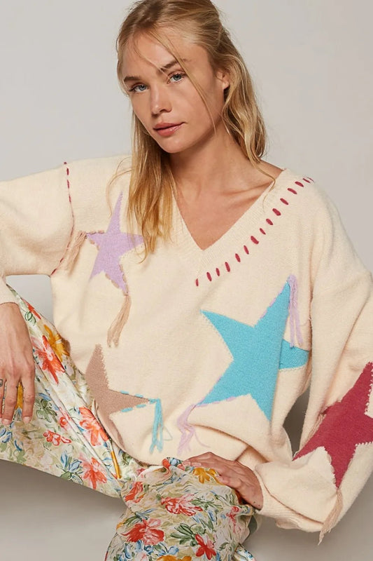 POL V - Neck Long Sleeve Star Fringe Sweater - Bitsy Gypsy Boutique