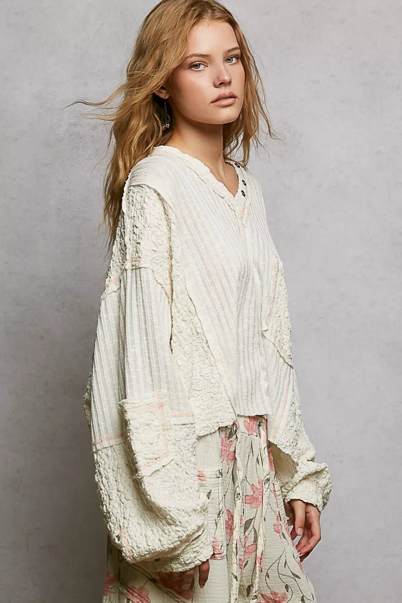 POL V - Neck Long Sleeve Top with Stitch Detail - Bitsy Gypsy Boutique